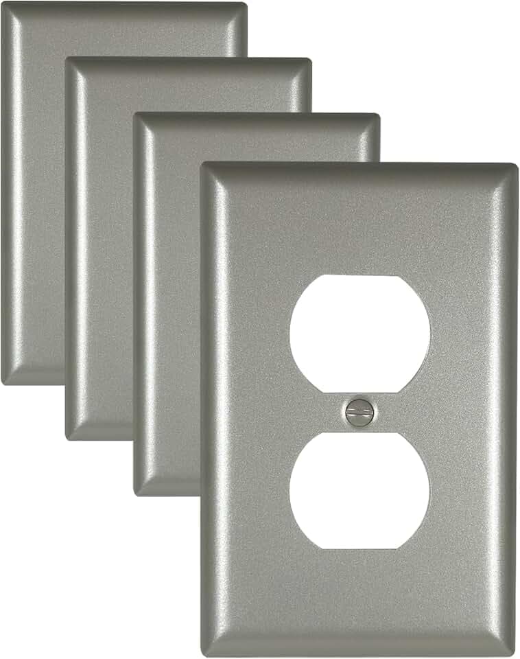 Metal Electrical Outlet Covers, Light Switch Cover Wall Plates, Mid Size Thicker Switch Plates, Wall Plate of Various Styles for Indoor and Outdoor Matte Nickel (1 Gang Duplex 4 PK)