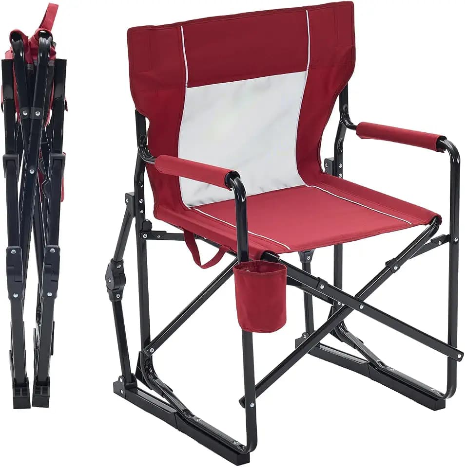 OLIXIS Outdoor Folding Rocking Chair for Adults, Portable Camping Lawn Chair with Mesh Back, Waterproof Armrests & Sturdy Frame, Foldable Seat for Patio, Beach, Camping, Red