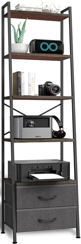 Whitmor 5-Tier Ladder Bookshelf with 2 Drawers, Narrow Modern Display Bookcase with Wood Shelves & Metal Frame, Freestanding Storage Rack for Living Room, Bedroom, Bathroom, Home Office, Black