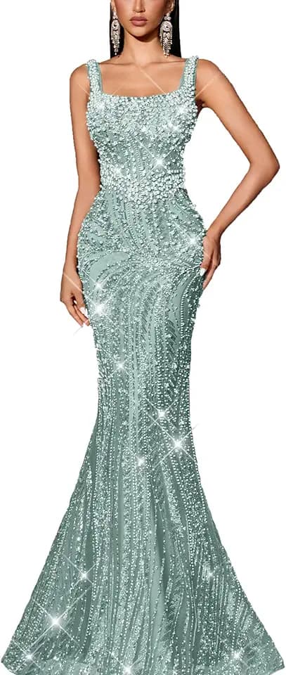 Women Beaded Mermaid Prom Dress Elegant Sequin Formal Evening Gown