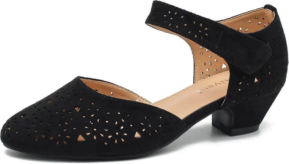 Women's Low Block Heel Pumps, Round Toe Cutout D'Orsay Shoes