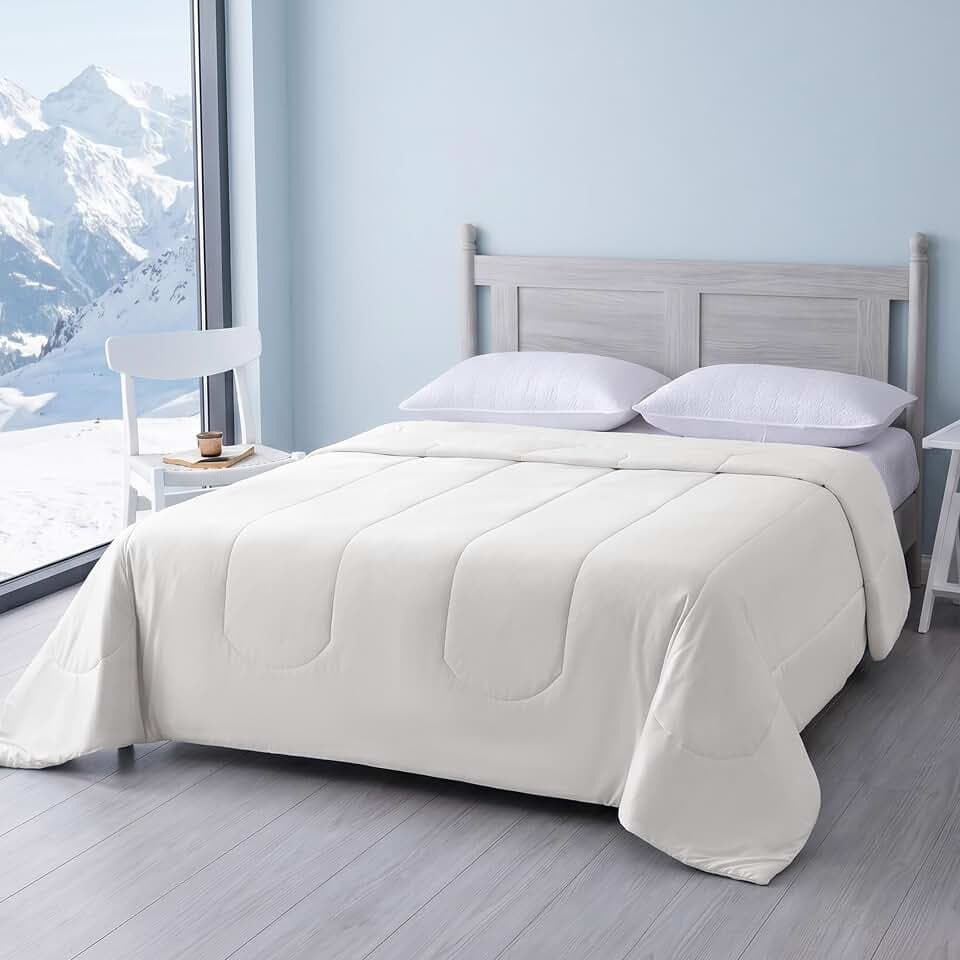 Amazon Basics Cooling Comforter, Temperature Regulating Blanket for Hot Sleepers, Summer & All Season Bedding, Lightweight, 90"x90", Queen, White