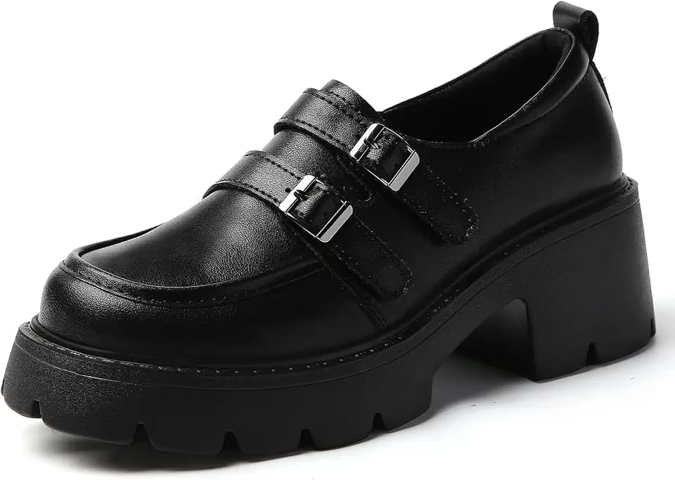 Women's Chunky Platform Loafers Double Buckle Monk Strap Slip On Lug Sole Heeled Loafers for Women