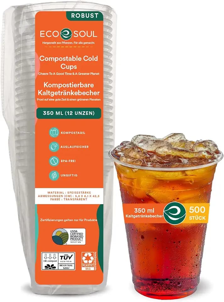 ECO SOUL 12 Oz Plant-Based Disposable Party Cups, (500 Pack, Clear)
