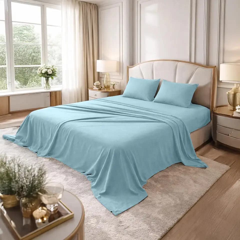 DAN RIVER Full Jersey Sheet Set 100% Cotton T-Shirt Soft Bed Sheets Deep Pocket, Breathable, All-Season Bedding 4-Piece Set Light Blue