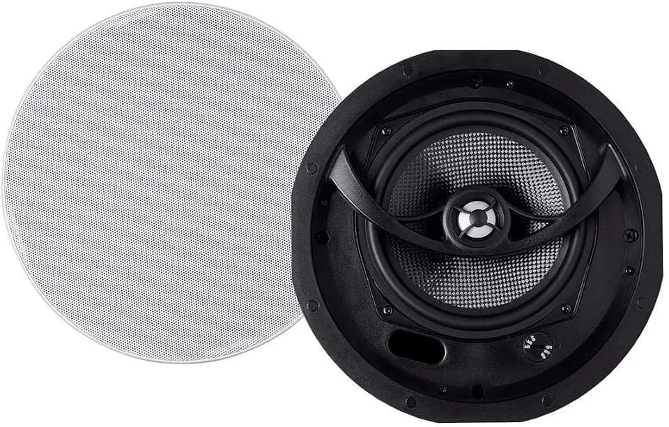 Monoprice Alpha 2-Way Ceiling Speakers - 6.5 Inch (Pair) Carbon Fiber, Paintable Magnetic Grille, Louder with Less Power,BLACK/WHITE