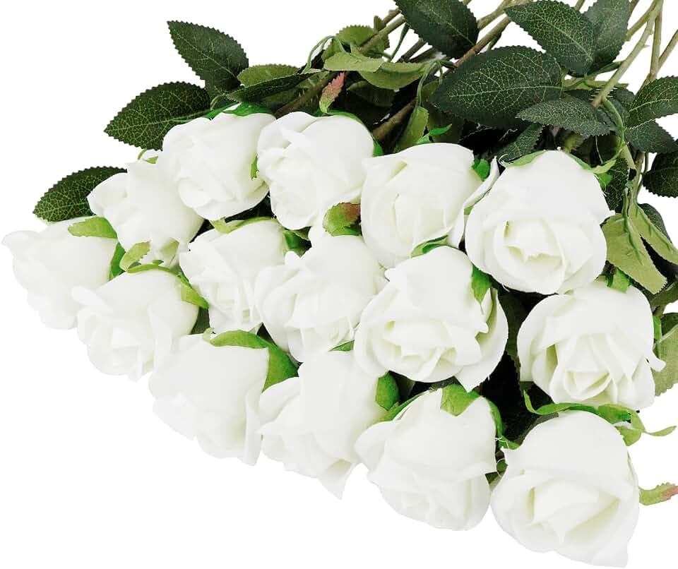 künstliche Rosen 15 Stück Kunstblumen Wie Echt, 17,7 Zoll Long Stem Fake Rosen Künstliche Blumen für DIY Hochzeitsdeko Brautsträuß Hausgarten Party Hotel Büro Deko Rosen (Weiß)