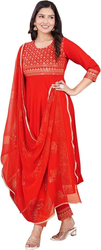 Indian Women's Tunic Tops Rayon Red Anarkali Kurtis Pant Sets W Nazmeen Dupatta/Anarkali Kurti Dress Red