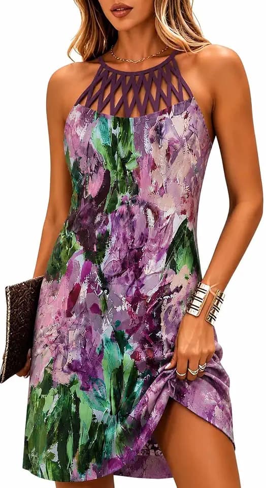 BIRW Summer Dresses for Women 2026 Casual Floral Halter Neck A-line Beach Vacation Sundresses