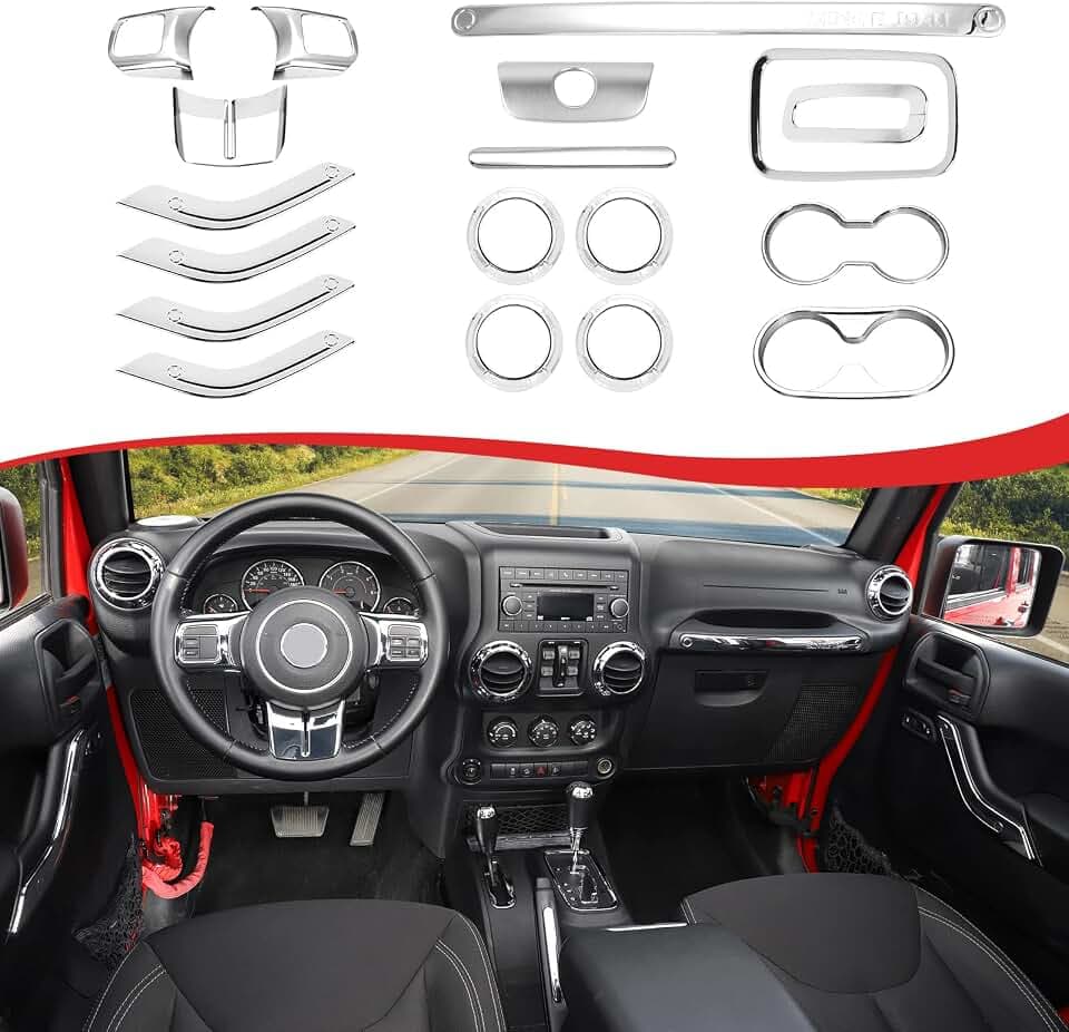 CheroCar 18PCS Interior Trim Kit for Jeep Wrangler JK JKU 2011-2018 4 Door,Steering Button Frame, Air Conditioning Vent Trim Cup Holder Cover,Gear Shift Knobs Frame,Chrome