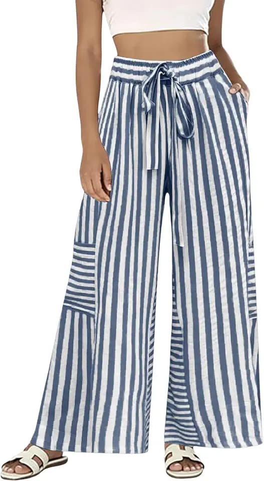 Gumipy Striped Linen Pants Women Elastic Waist Drawstring Boho Beach Harem Pants Summer Casual Flowy Wide Leg Palazzo Pant