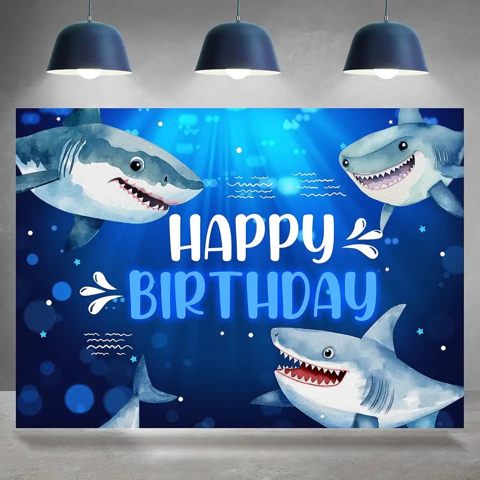 Shark Birthday Backdrop for Boys Kids Under The Sea Photography Background Shark Theme Happy Birthday Party Decoration Supplies Cake Table Banner Photobooth Studio Props 7x5ft