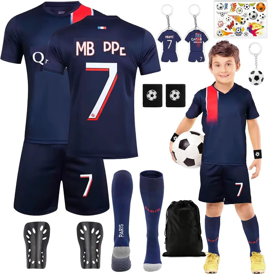 Fußball Trikot Set für Kinder, Nr.7/Nr.10 Fußballtrikot Jungen Fussball Trainingsanzug T-Shirt Shorts Socken Set mit Schienbeinschoner Schlüsselanhänger Temporäre Tattoos Football Jersey Outdoor
