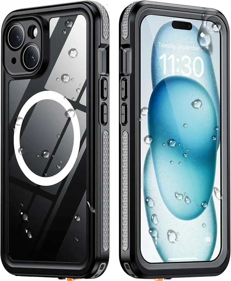 Temdan Designed for iPhone 15 Case Waterproof, Black/Clear