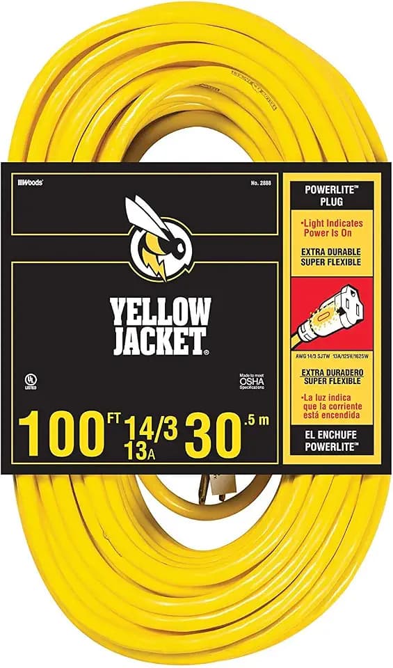 Southwire Yellow Jacket Heavy Duty Extension Cord - Outdoor Power for Tools & Equipment - Lighted End with SJTW Jacket & Three Prong Plug - 100 Foot