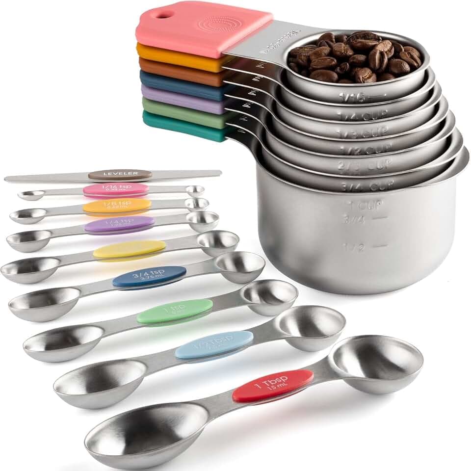 Magnetisches Messbecher- und Löffel-Set mit 7 robusten Edelstahl-Messbechern, 8 doppelseitigen Messlöffeln mit 1 Nivellierer für trockene und flüssige Zutaten (Farbe) (Farbe)