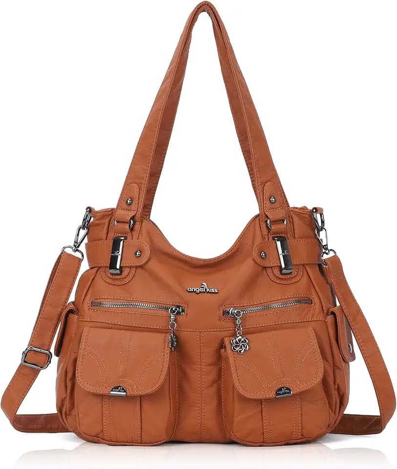 Angel Kiss Women's Designer Handbag Large Double Zipper Multi Pocket Washed Leather Purse