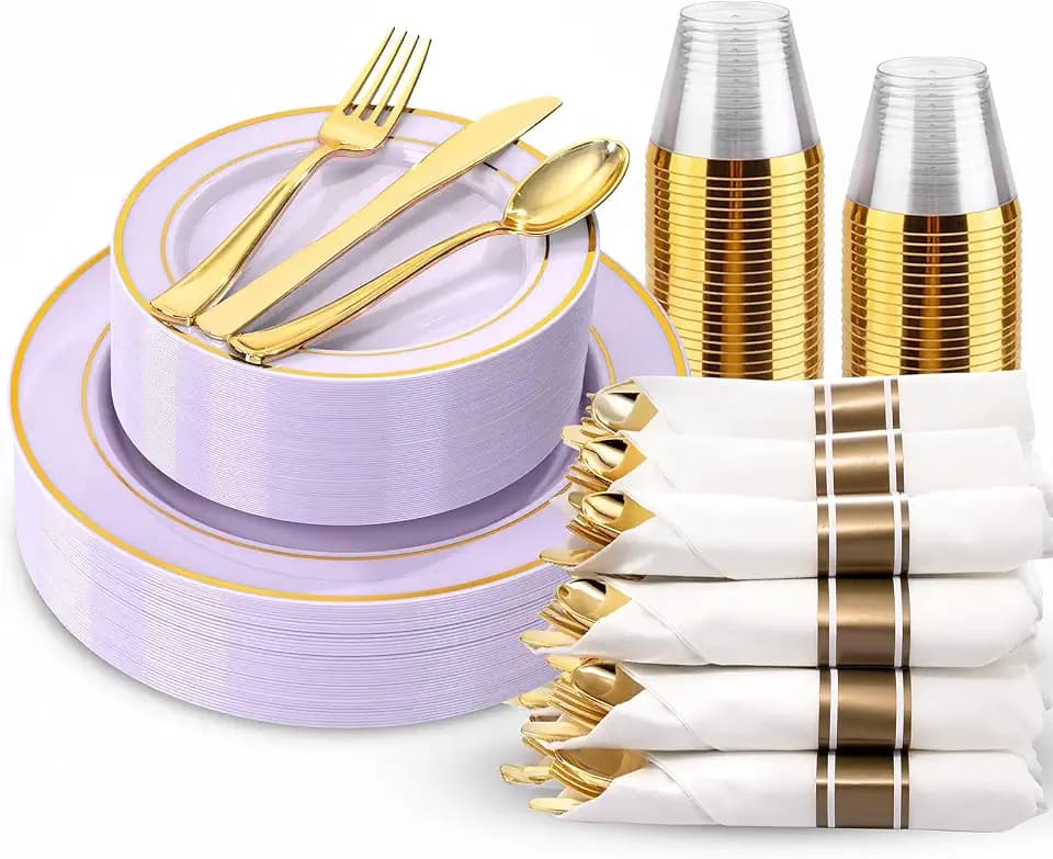 WDF Partyware 175PCS Purple Plates Disposable - Lavender Plastic Plates 25Guests Plastic Dinnerware with Rolled Napkins for Birthday/Baby Shower/Birthday
