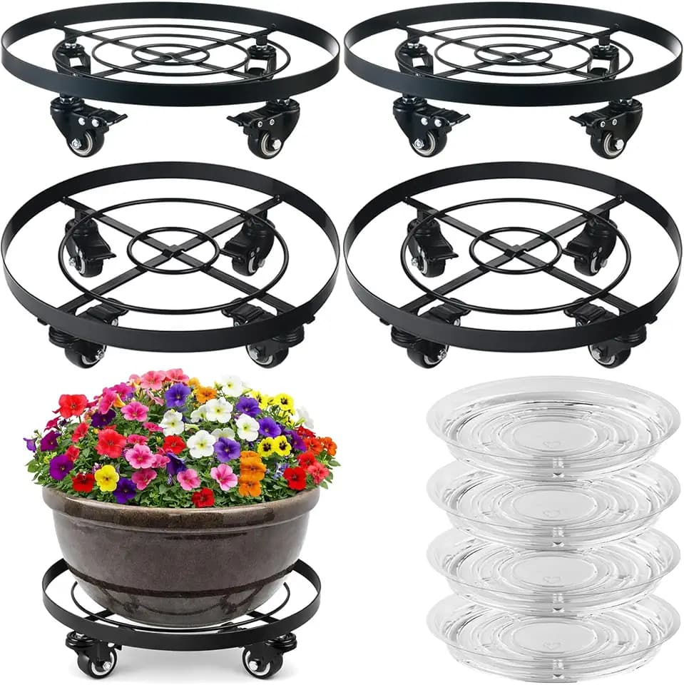 4 Packs 13.6 Inch Large Metal Plant Caddy with Wheels Plant Dolly with Casters Heavy-duty Rolling Wheeled Plant Stand for Indoor Outdoor Flower Pot Mover Rollers Coasters Black, Strong Load Capacity