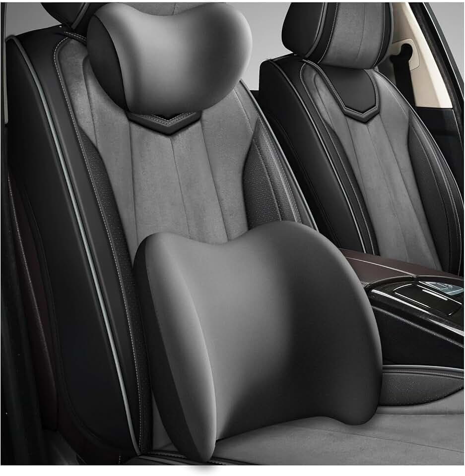 Car Headrest & Lumbar Support Cushion, Ergonomic Memory Foam Car Neck Back Support w/Removable Cover, Universal Breathable Lumbar Cushion Headrest Pillow with Adjusatble Strap (Gray)