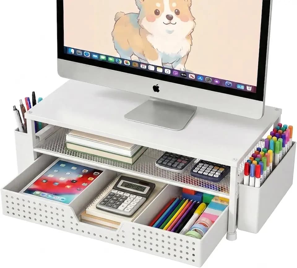 ECOLOVI Desk Organizer and Accessories, 2-Tier Computer Monitor Stand Rise with Storage Drawer & 2 Pen Holders, Laptop & Printer Stand for Desktop, Workspace Organizers for Office Supplies (White)
