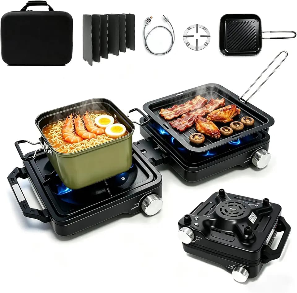 2 Burner Camping Stove 24000 BTU, Portable Propane Camp Stove Set, Black