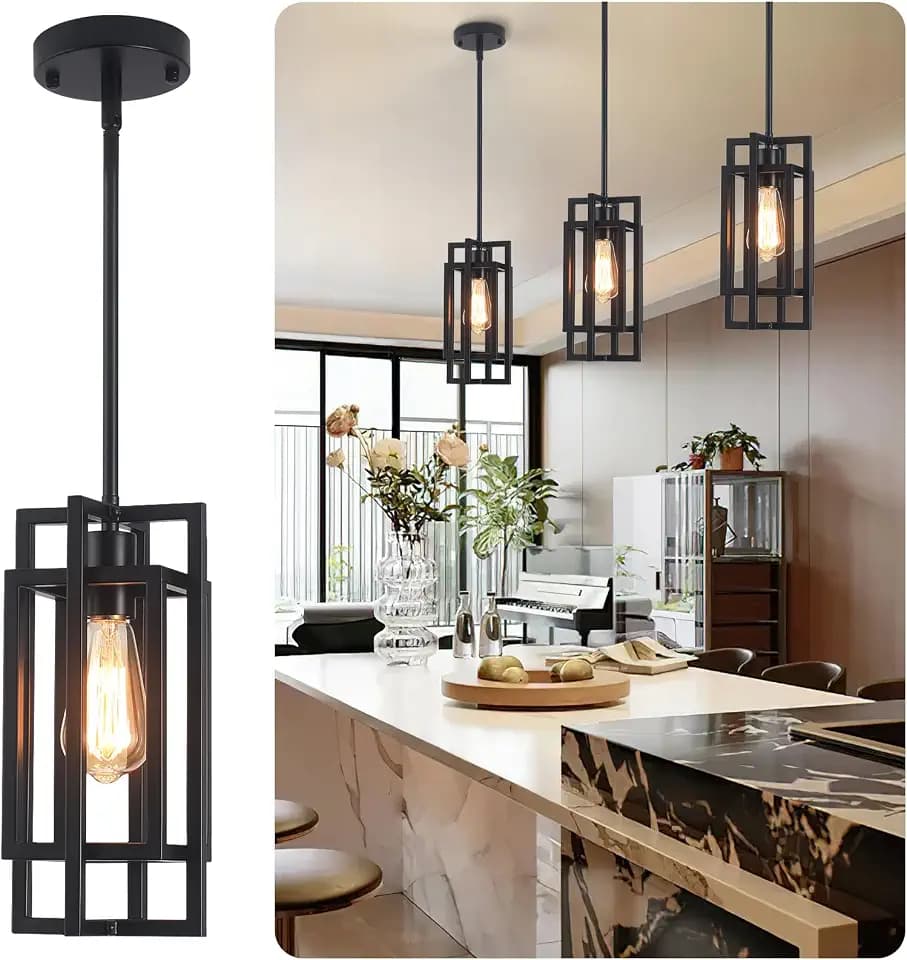 Black Pendant Lights Kitchen Island, Adjustable Modern Pendant Lights Fixture Farmhouse Mini Kitchen Pendant Lighting, Square Pendant Ceiling Hanging for Bedroom Dining Room Entryway Foyer