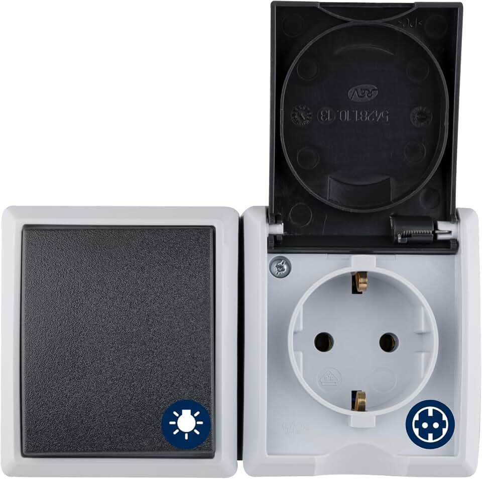 REV AquaForm Aufputz Steckdose mit Schalter, waagrecht, grau
