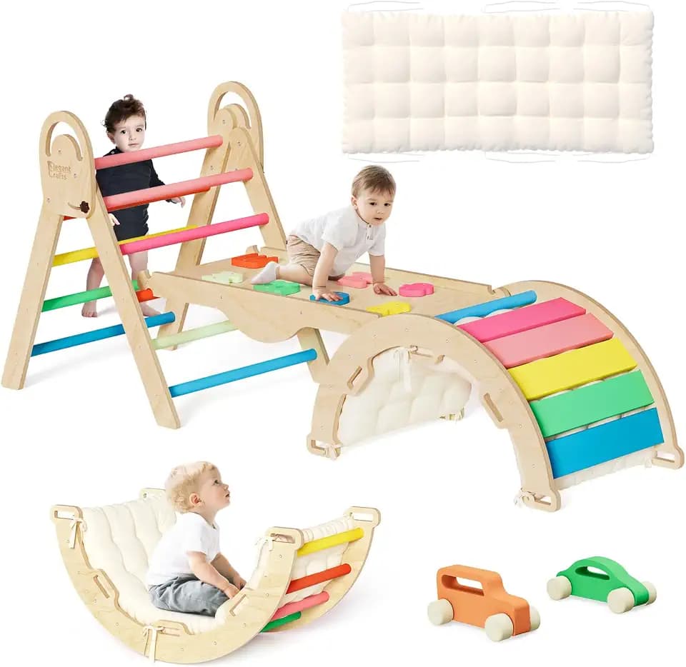 ElegantCrafts Pikler Triangle Set with Cushion, Montessori Climbing Set, Indoor Climb Toys, Indoor Playground Jungle Gyms, 9 Combinations Climbing Toy Set for Toddler, Baby, Kids 1-4