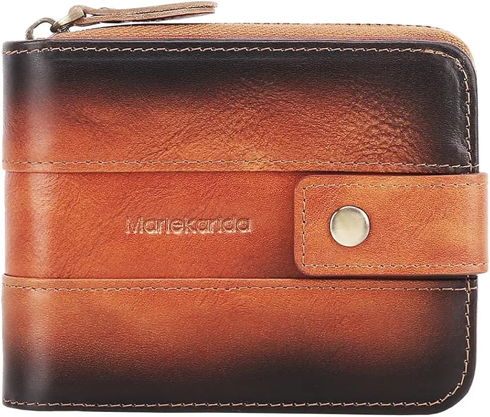 men's RFID shielded wallet, zipper leather wallet, suitable for men, with ID window and 14 card clips (Yellow Brown)