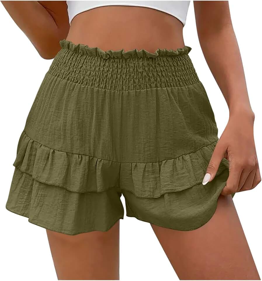 Shorts for Women Ruffle Layered Yoga Workout Shorts Shirred High Waisted Trendy Beach Vacation Clothes Summer Outfits