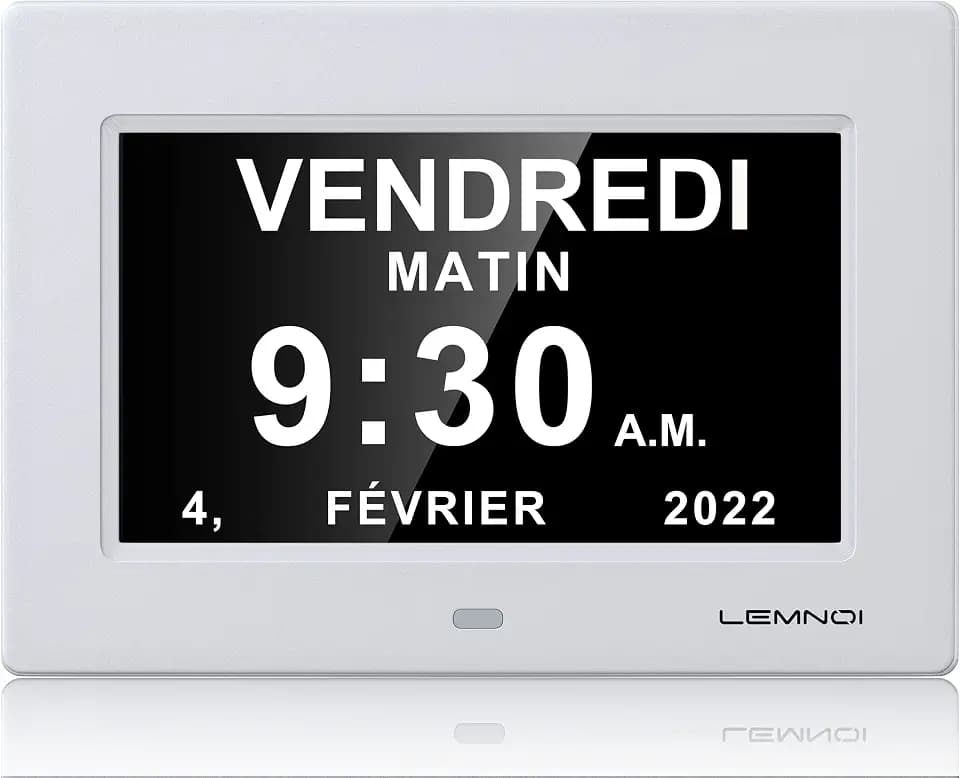 Lemnoi 7 Zoll LCD-Digitaluhr, Kalender mit Datum und Uhrzeit, Nicht abgekürzte, automatische Dimmung, 8 Sprachen, HD-Display, Erinnerung für Alzheimer, ältere Menschen und Kinder (weiß)