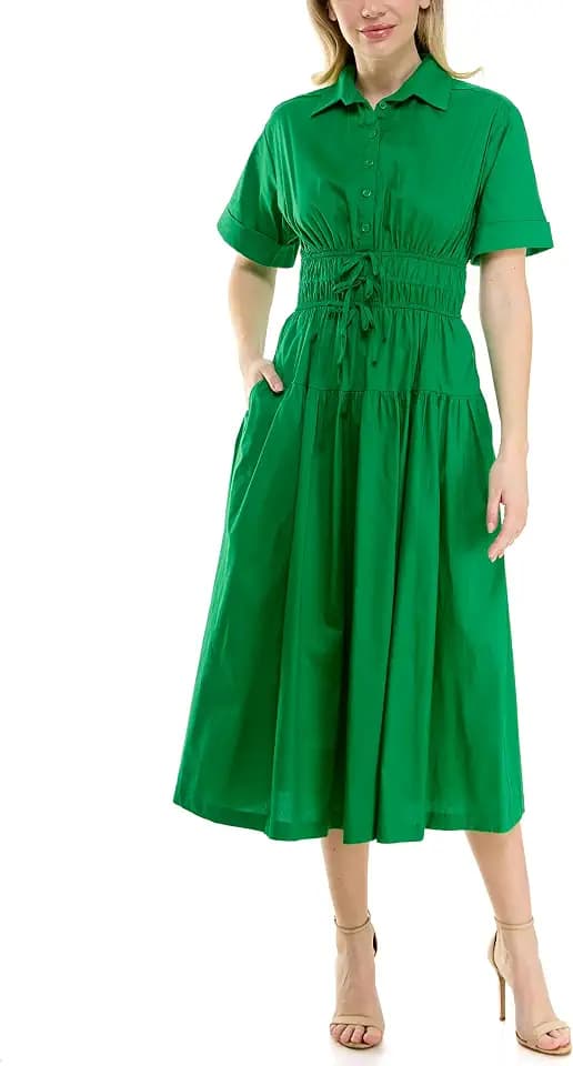 Maison Tara Women's Collared Short Sleeve Smocked Shirt Dress Midi