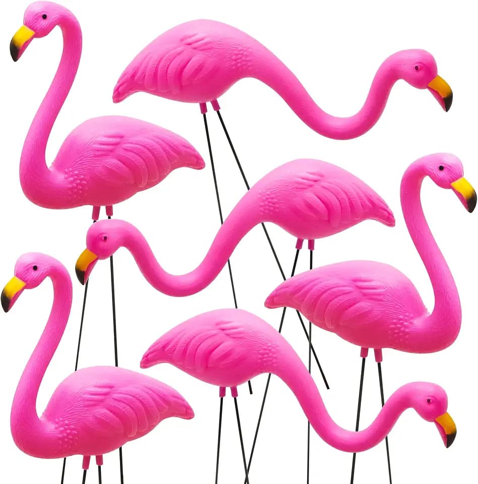 JOYIN Set of 6 Small Pink Flamingo Yard Ornament Stakes, 17" Plastic Flamingo Lawn Statues with Metal Legs for Sidewalks, Outdoor Garden Decor, Luau & Pool Party Decorations, 2 Styles
