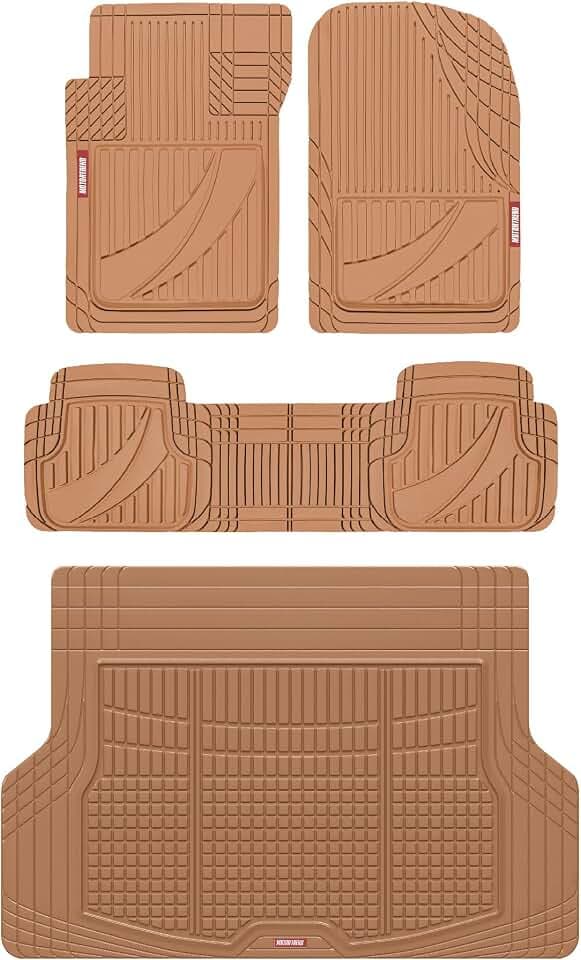 Motor Trend FlexTough Advanced Heavy Duty Beige Rubber Car Floor Mats & Cargo Liner for SUV & Car Full Set - Universal Trim to Fit All Weather Automotive Floor Mat & Cargo Liners for SUV, Car, & Van