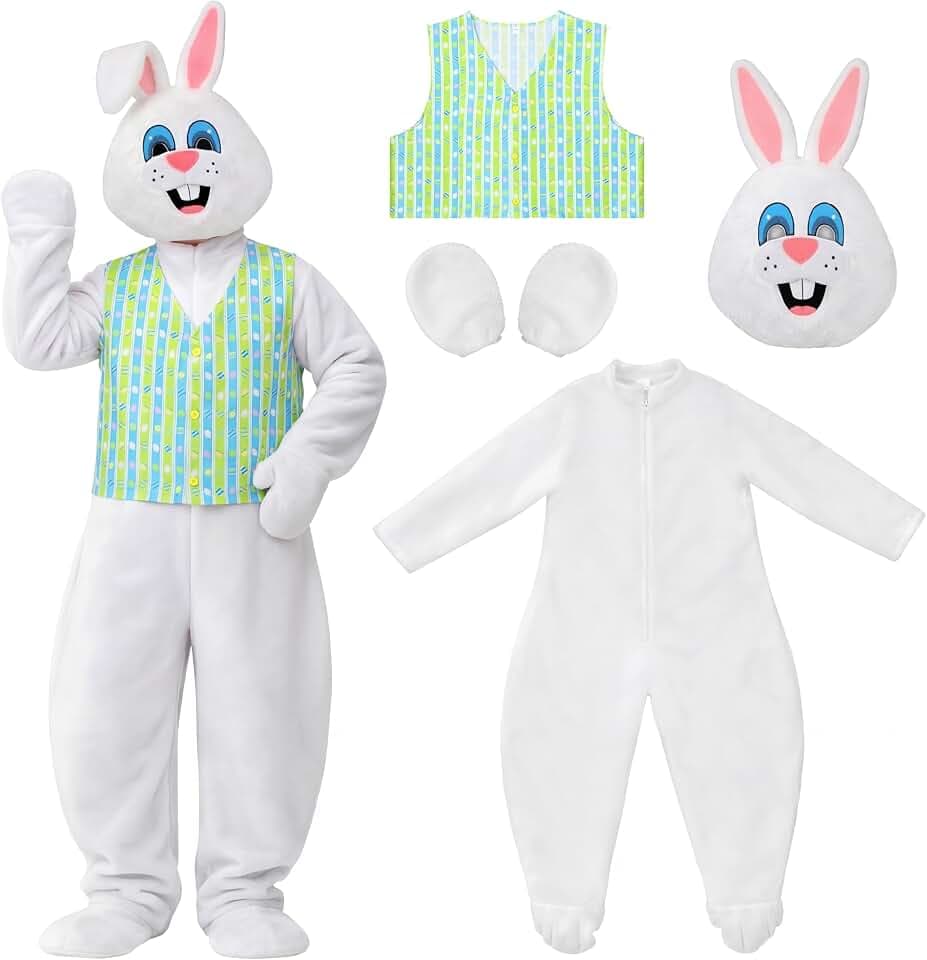 Shihanee Easter Bunny Mascot Costume Adult Easter Rabbit Costume Suit with Vest Headpiece Bunny Dress for Party Cosplay
