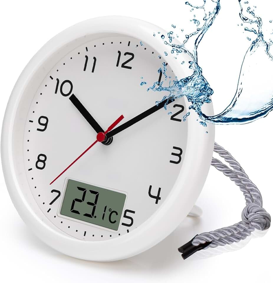 VIVILINEN Badezimmeruhr mit Temperaturanzeige Wanduhr ohne Tickgeräusche | Baduhr Zum Aufhängen Und Hinstellen mit Hängeband & Standfuß Feuchtigkeitsgeschützt 17cm