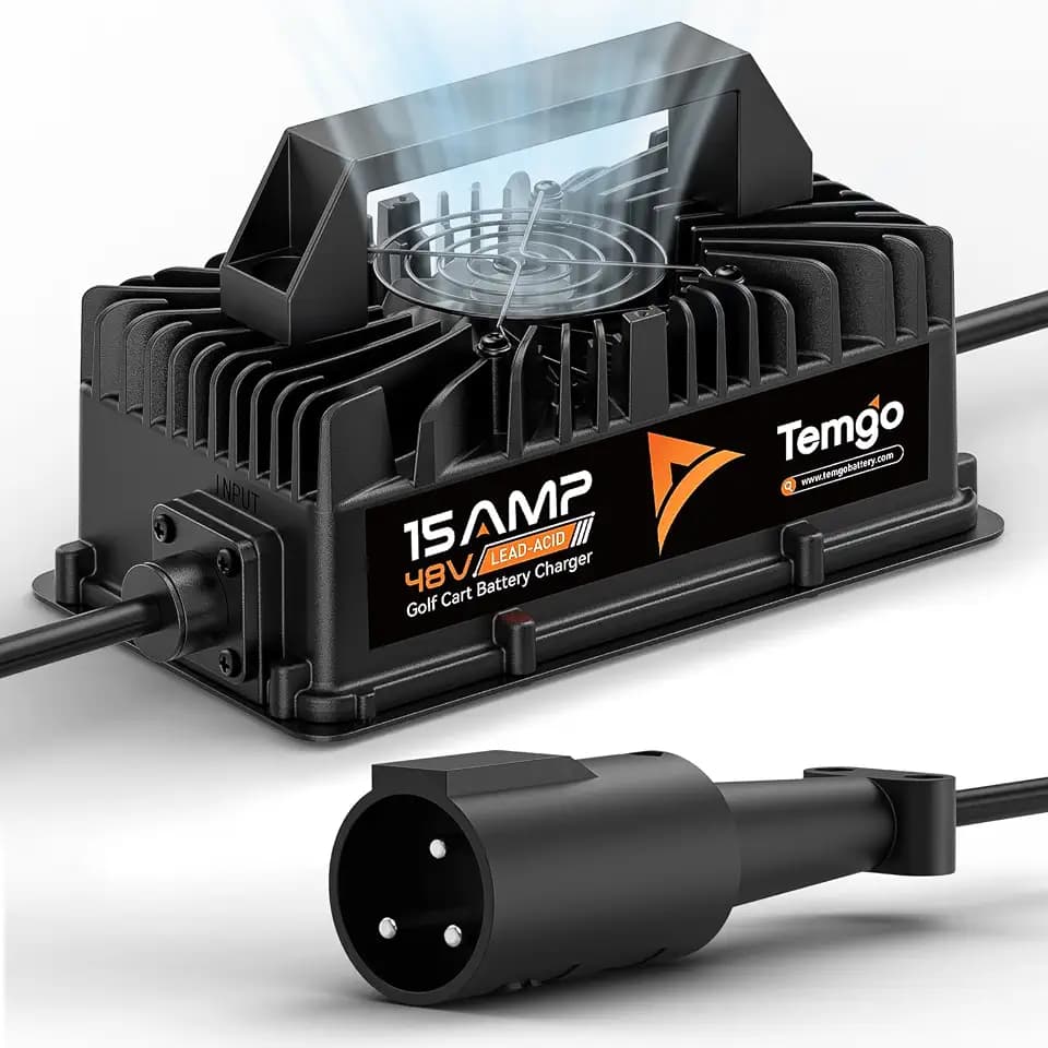 15 AMP 48 Volt Golf Cart Battery Charger for Club Car, 3-Pin Round Plug Fast Charge for Lead Acid Battery, IP67 Waterproof 48V 15A Golf Cart Charger with Fan (Lead Acid for Club Car)