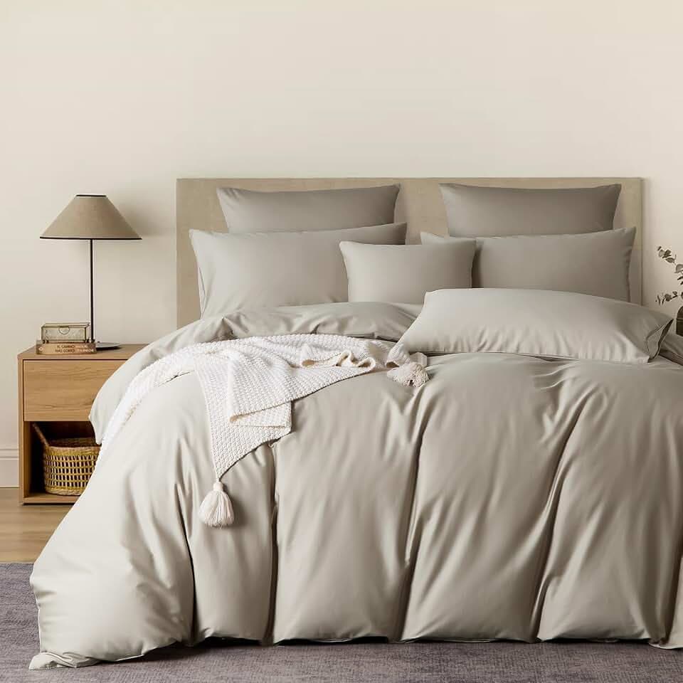 Satin Bettwäsche 200x200 Beige 100% Langstapelige Baumwolle Kühlend Mako Satin Bettwäsche Weich Seidig Atmungsaktiv Seide Bettbezug Set 3 Teilig mit Reißverschluss und 2 Kissenbezüge 80x80 cm