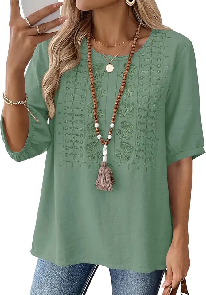 Kistore Women's Embroidered Blouses Short Sleeve Lace Trim Crew Neck Tops