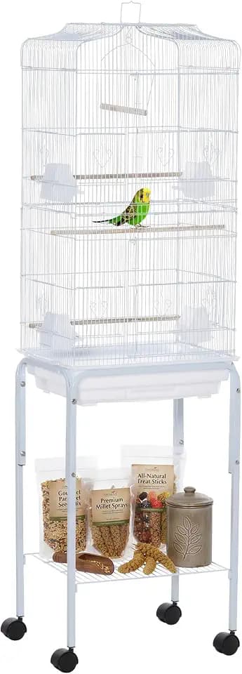 PawHut Vogelkäfig auf Fuß, Voliere, Vögel auf Rollen, mit Dach zum Öffnen, 3 Sitzstangen, Ablage unten, 46,5 x 36 x 157 cm