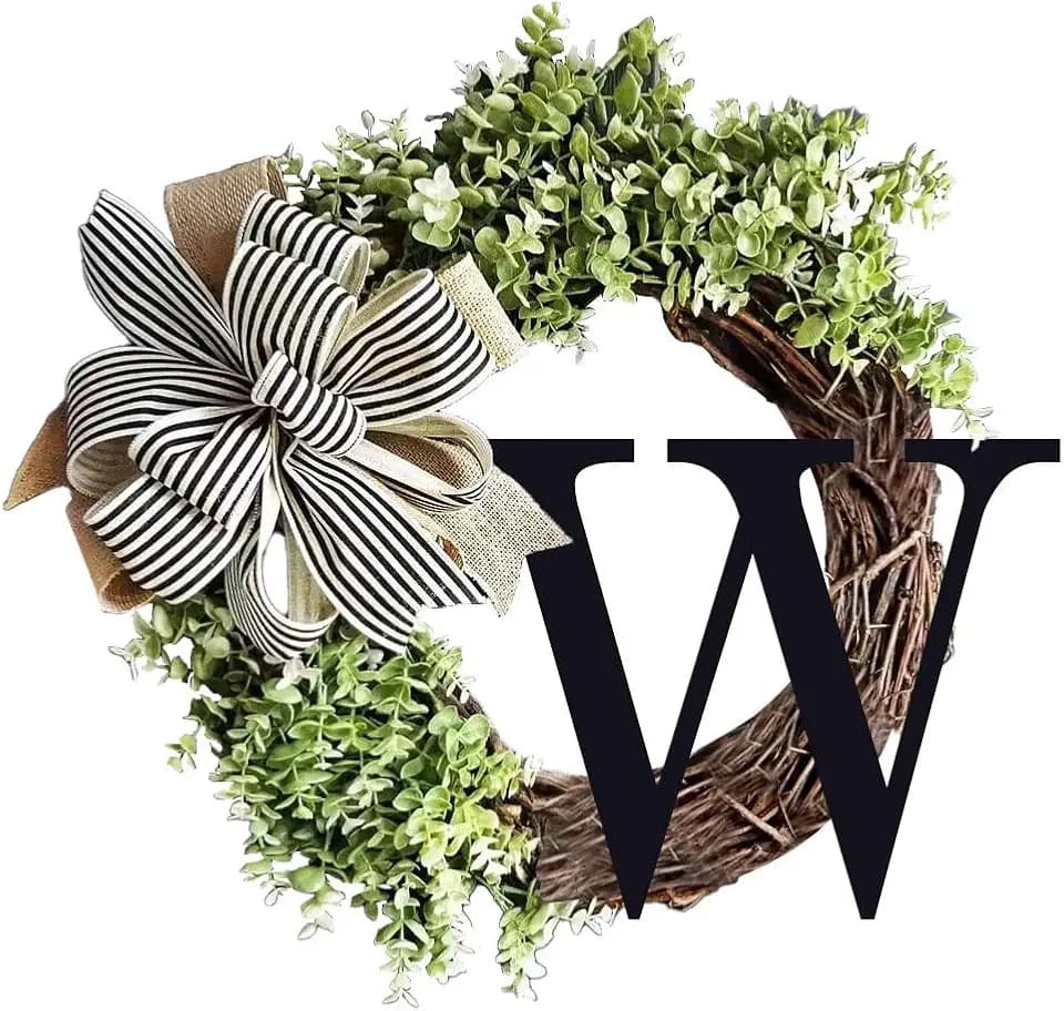 Monogram Initial Letter Wreaths for Front Door with Striped Linen Bow & Fake Green Grass on Grapevine Base Farmhouse Style Rustic Door Decor Spring Summer Green Wreath, W