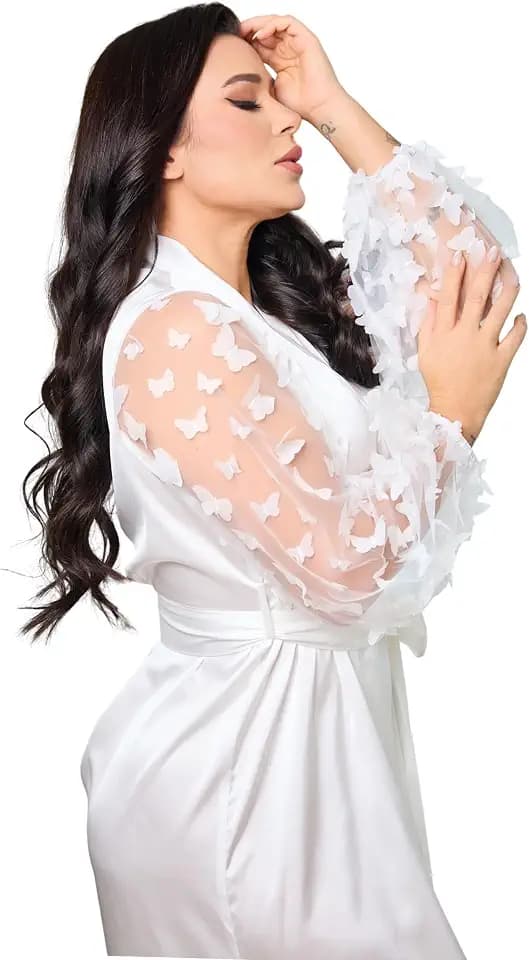 Womens Satin Long Robe Butterfly Mesh Sleeve Bridal Kimono Wedding Dressing Gown