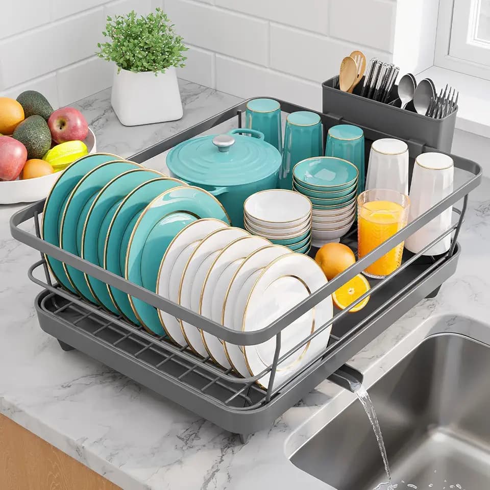 Sakugi Dish Drying Rack - Stainless Steel Dish Rack with Drainboard for Kitchen Counter and Sink, 15.6" D x 12" W x 5" H, Grey