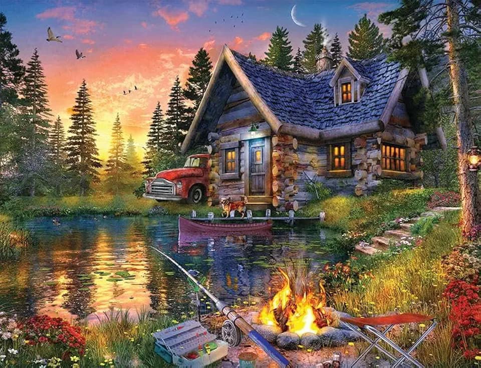 Springbok's Sunkissed Cabin 2000 Piece Puzzle for Adults Features a Beautifully Illustrated Lakeside Cabin Retreat - Ribbon Cut Pieces
