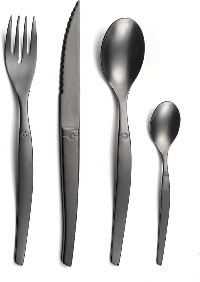 Lou Laguiole JET Steakbesteck Set JET – Besteck Set für 4 Personen | 16-teilig | Schwarz | PVD Besteckset | Mikroverzahnte Klinge für langanhaltende Schärfe