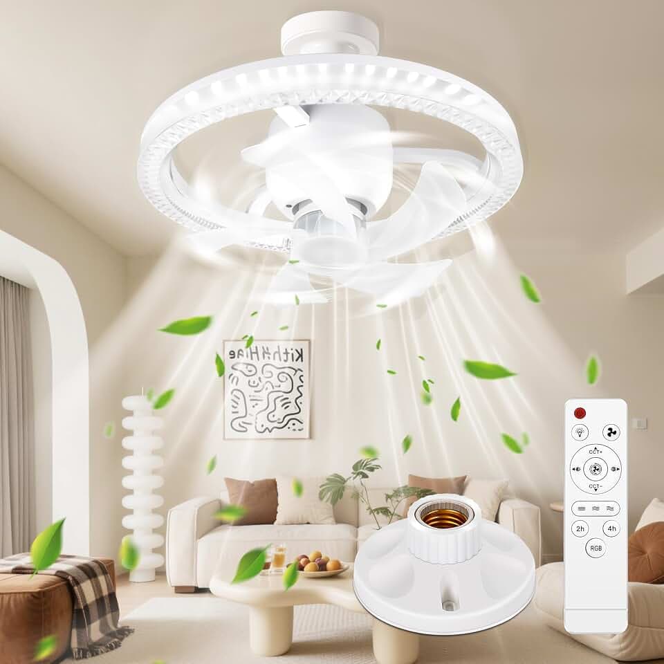 YOOHBERRYS Deckenventilator mit Beleuchtung, Deckenventilator Klein mit Lampenfassung E27, Lampe mit Ventilator, Ventilator mit Dimmbar, 360° Rotation, Timer und 3 Windstufe (30cm*17.5cm)