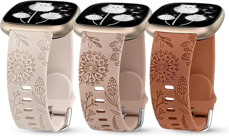 Minyee 3 Packs Floral Engraved Band Compatible with Fitbit Versa 4/Versa 3/Sense 2/Sense Band Women, Cute Soft Silicone Dandelion Flower Pattern Sport Designer Fancy Summer Strap for Versa 4