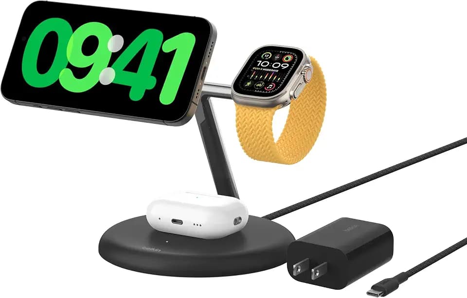 Belkin Qi2 15W Magnetic Wireless Charging Stand, 3 in 1 Fast Charger