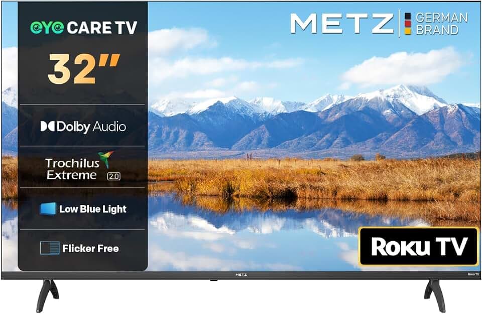 METZ Blue fernseher 32 Zoll Smart TV, 80 cm Roku TV, Eye Care, HDR10, Dolby Audio, Fernseher mit Triple-Tuner, WLAN, LAN, HDMI, USB